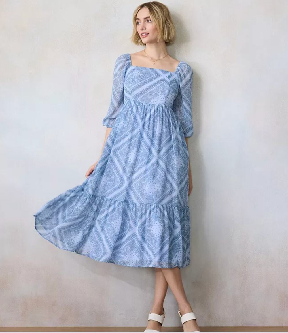 NWT LC Lauren Conrad Square Neck Puff Sleeve Blue Midi Dress Cottagecore Fairy